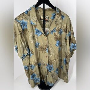 Havana Jack 3x Short-Sleeved Button-up Tropical Top Green Tan